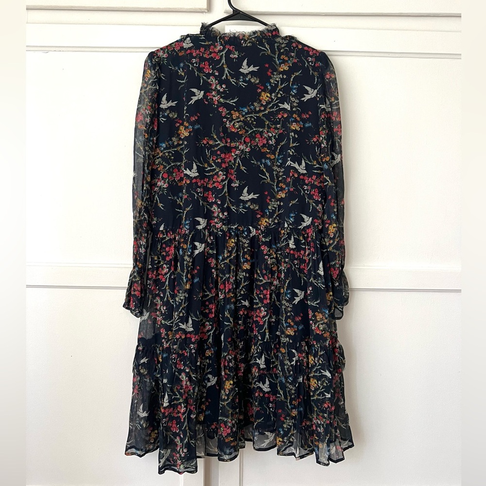 The Kooples Avian & Floral Print Silk Shift Swing Long Sleeve Dress - 2 / M - Picture 4 of 11